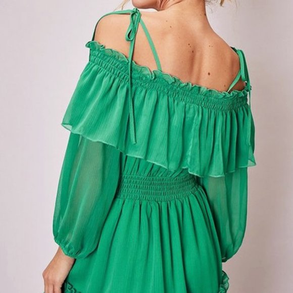 NEW Kelly Green Off Shoulder Ruffle Romantic Dress - Picture 6 of 10